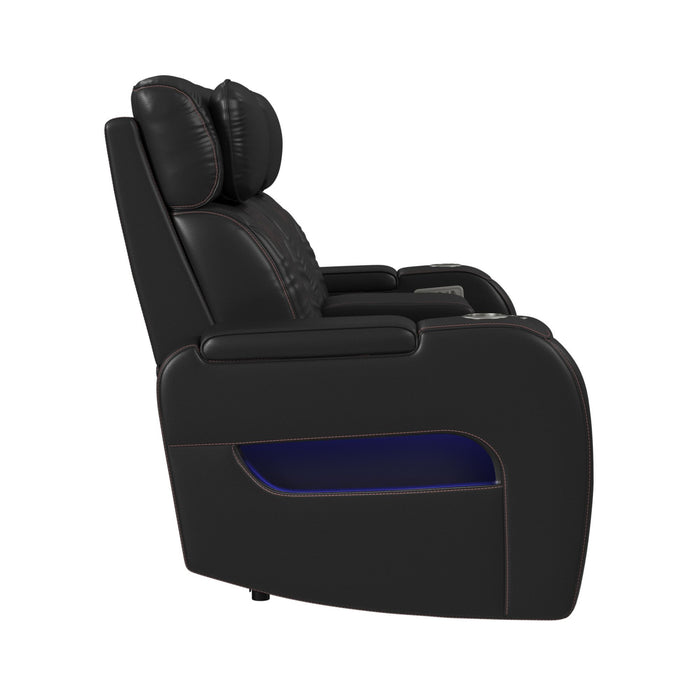 Prime Time - P3 Loveseat With LED, Wireless Charger Pocket, And Console - Jett Black With Red Stitching