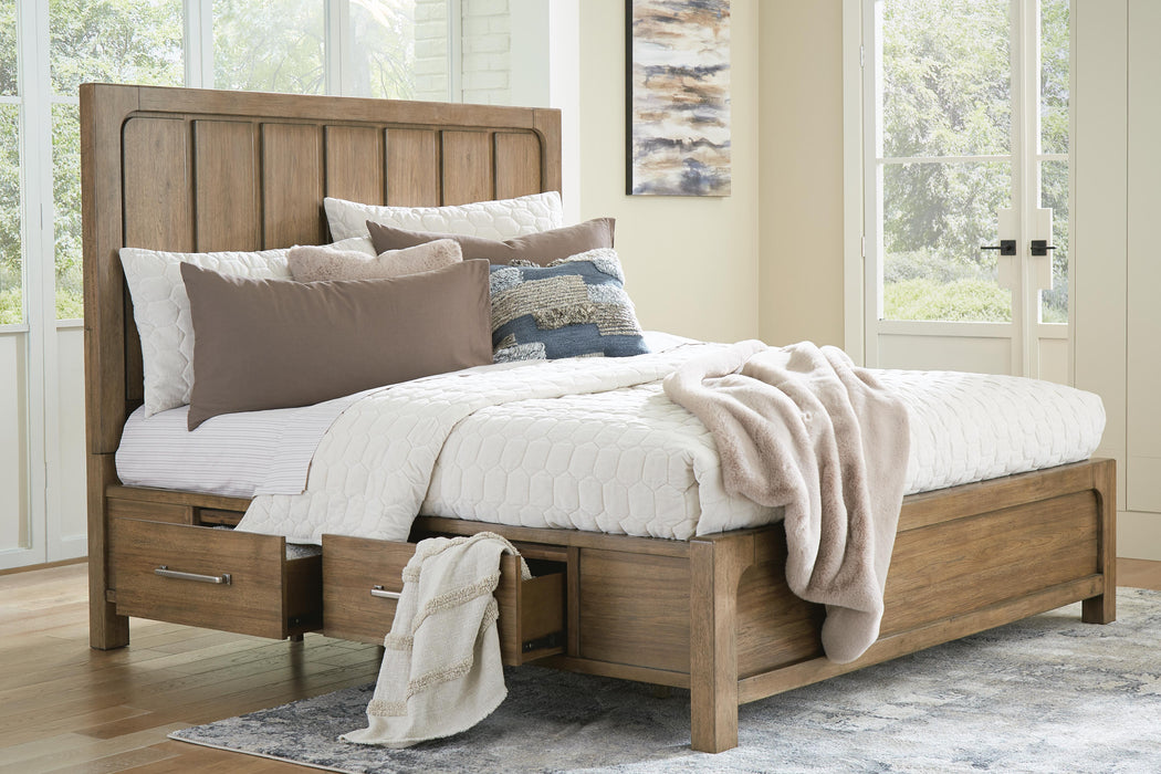 Cabalynn California King Panel Bed with Storage with Mirrored Dresser, Chest and Nightstand