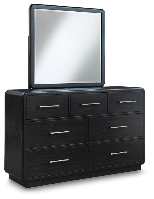 Rowanbeck King Upholstered Panel Bed, Dresser, Mirror and Nightstand