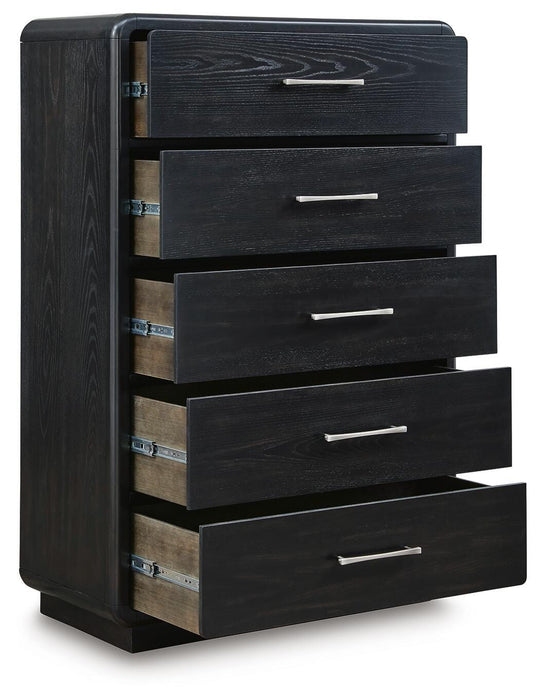 Rowanbeck California King Upholstered Panel Bed, Dresser, Mirror, Chest and Nightstand