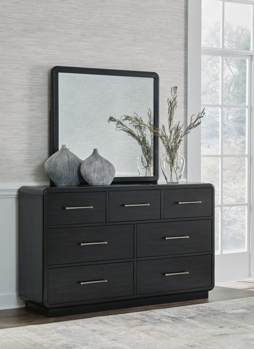 Rowanbeck King Upholstered Panel Bed, Dresser, Mirror, Chest and Nightstand