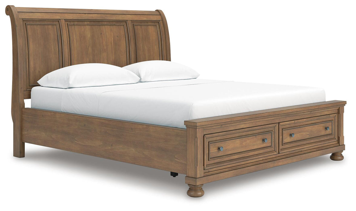 Feddinger California King Storage Sleigh Bed with Mirrored Dresser