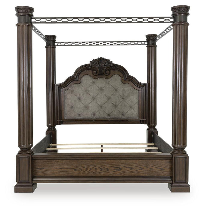 Maylee Queen Canopy Bed, Dresser, Mirror and Nightstand