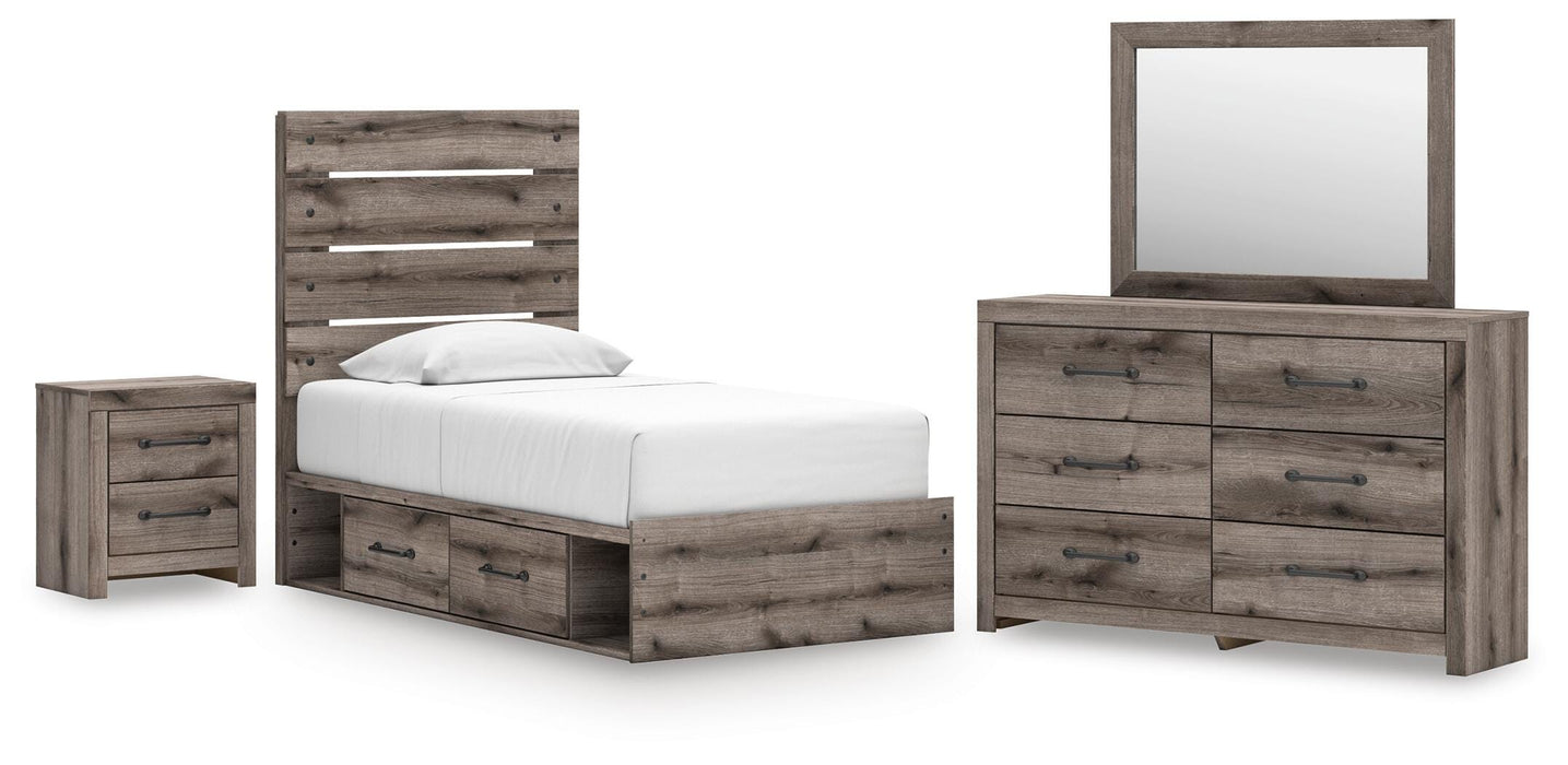Graystorm Twin Panel Bed with Storage, Dresser, Mirror and Nightstand