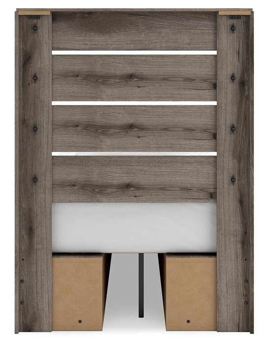 Graystorm Twin Panel Bed with Storage, Dresser, Mirror and Nightstand
