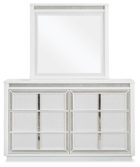 Chalanna King Upholstered Storage Bed, Dresser, Mirror and Nightstand