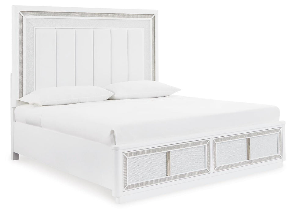 Chalanna King Upholstered Storage Bed, Dresser, Mirror, Chest and Nightstand
