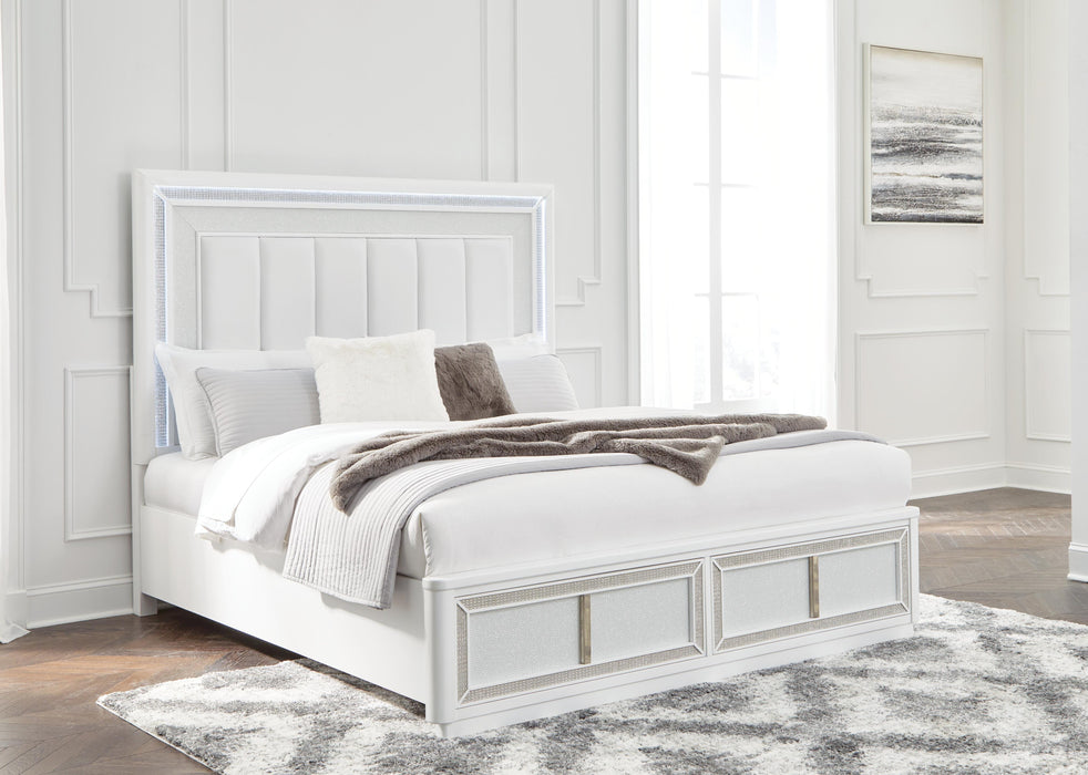 Chalanna King Upholstered Storage Bed, Dresser, Mirror, Chest and Nightstand