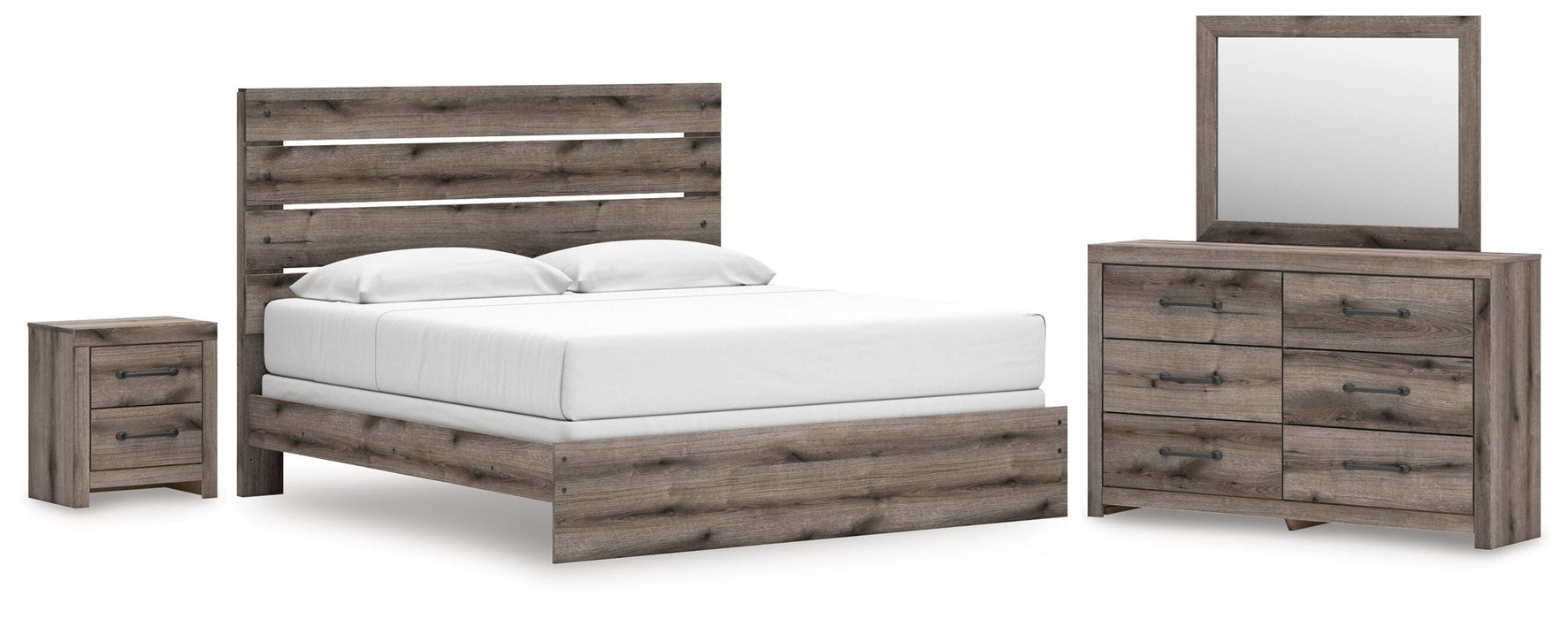 Graystorm King Panel Bed, Dresser, Mirror and Nightstand