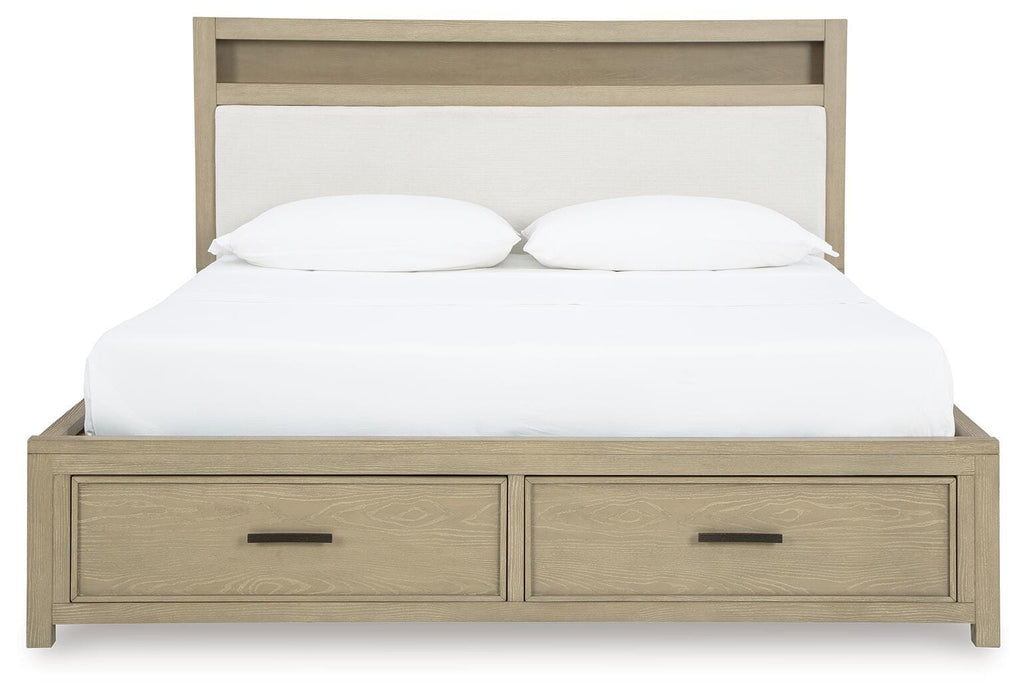 Calmoro California King Bookcase Bed with Mirrored Dresser and Nightstand
