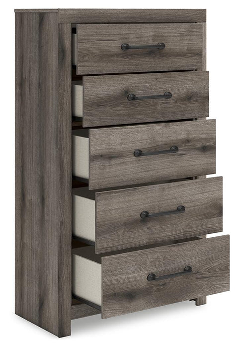 Graystorm King Panel Bed, Dresser, Mirror, Chest and Nightstand