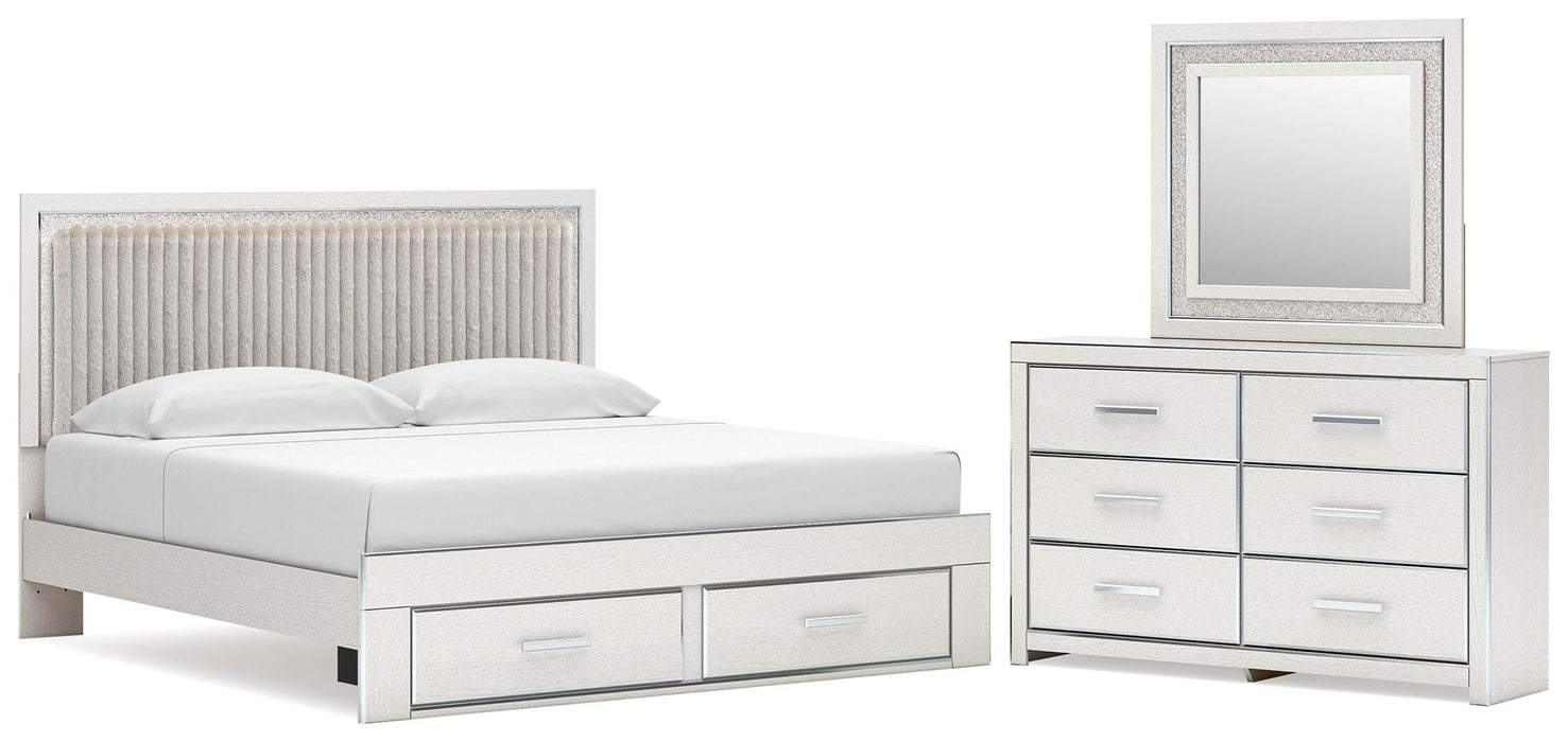 Zuraleus King Upholstered Panel Platform Storage Bed, Dresser and Mirror