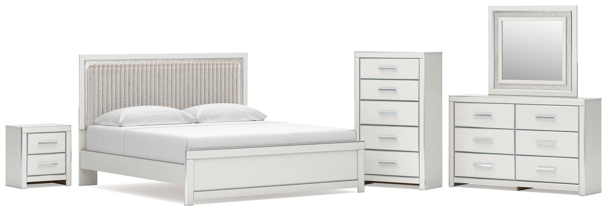 Zuraleus King Upholstered Panel Platform Bed, Dresser, Mirror, Chest and Nightstand