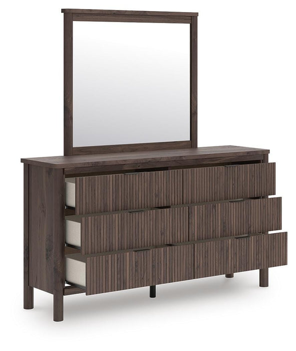 Pamytta Queen Upholstered Panel Platform Bed, Dresser, Mirror and Nightstand