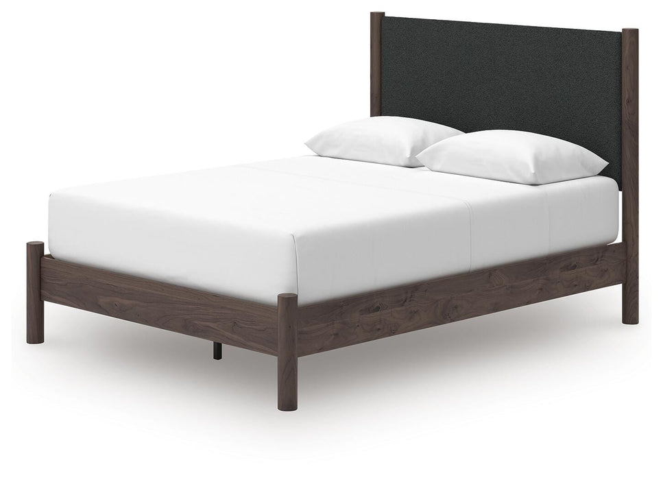 Pamytta Queen Upholstered Panel Platform Bed, Dresser, Mirror and Nightstand