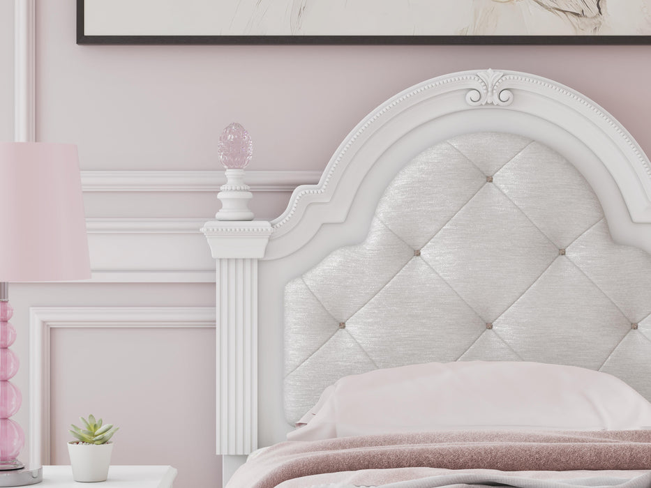 Kozlani Twin Upholstered Panel Bed, Dresser and Mirror