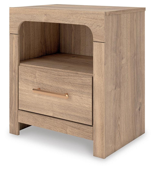 Kinlanni Queen Upholstered Panel Bed, Dresser, Mirror and Nightstand
