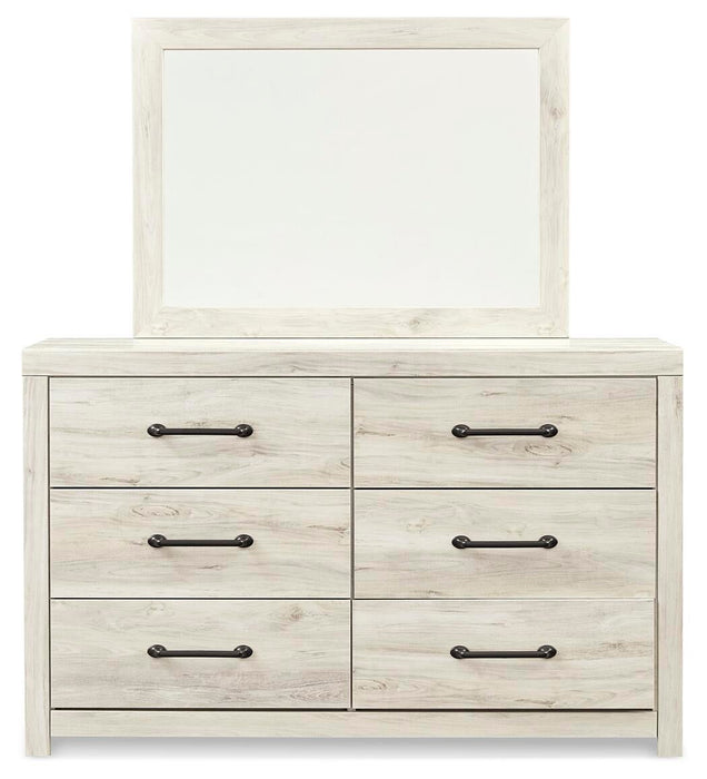 Cambeck King Panel Bed with 2 Storage Drawers with Mirrored Dresser
