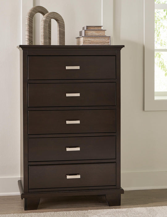 Covetown California King Panel Bed, Dresser, Mirror, Chest and Nightstand