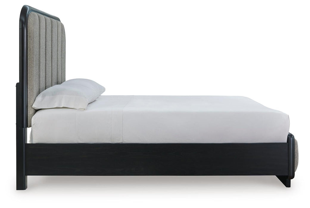 Rowanbeck Queen Upholstered Panel Bed with Mirrored Dresser