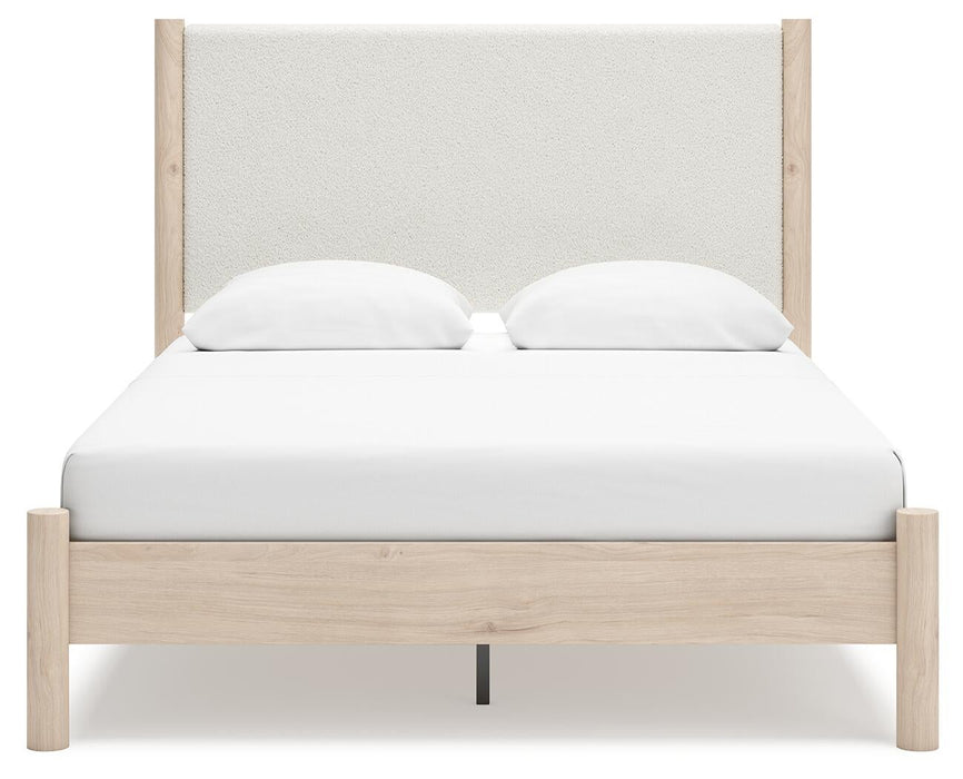 Cadmori Queen Upholstered Panel Bed with Mirrored Dresser, Chest and Nightstand