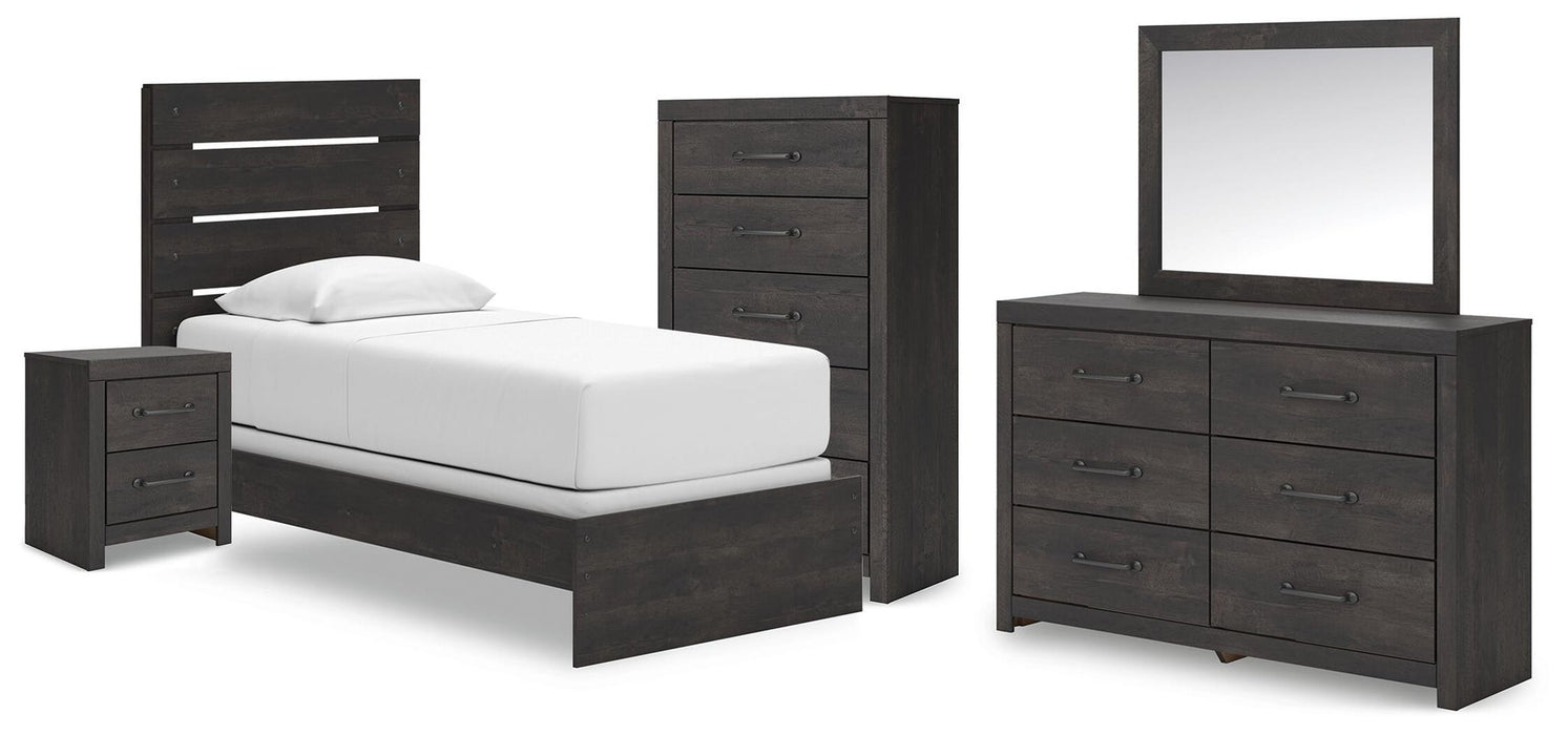 Delmorta Twin Panel Bed, Dresser, Mirror, Chest and Nightstand