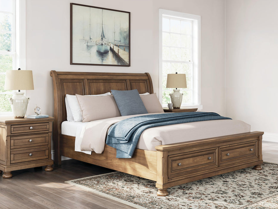 Vandenmore California King Storage Sleigh Bed with Mirrored Dresser and Nightstand