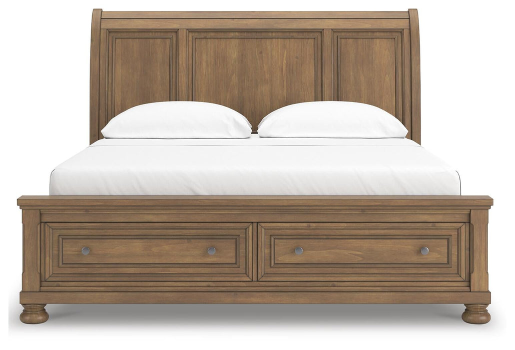 Vandenmore California King Storage Sleigh Bed with Mirrored Dresser, Chest and Nightstand