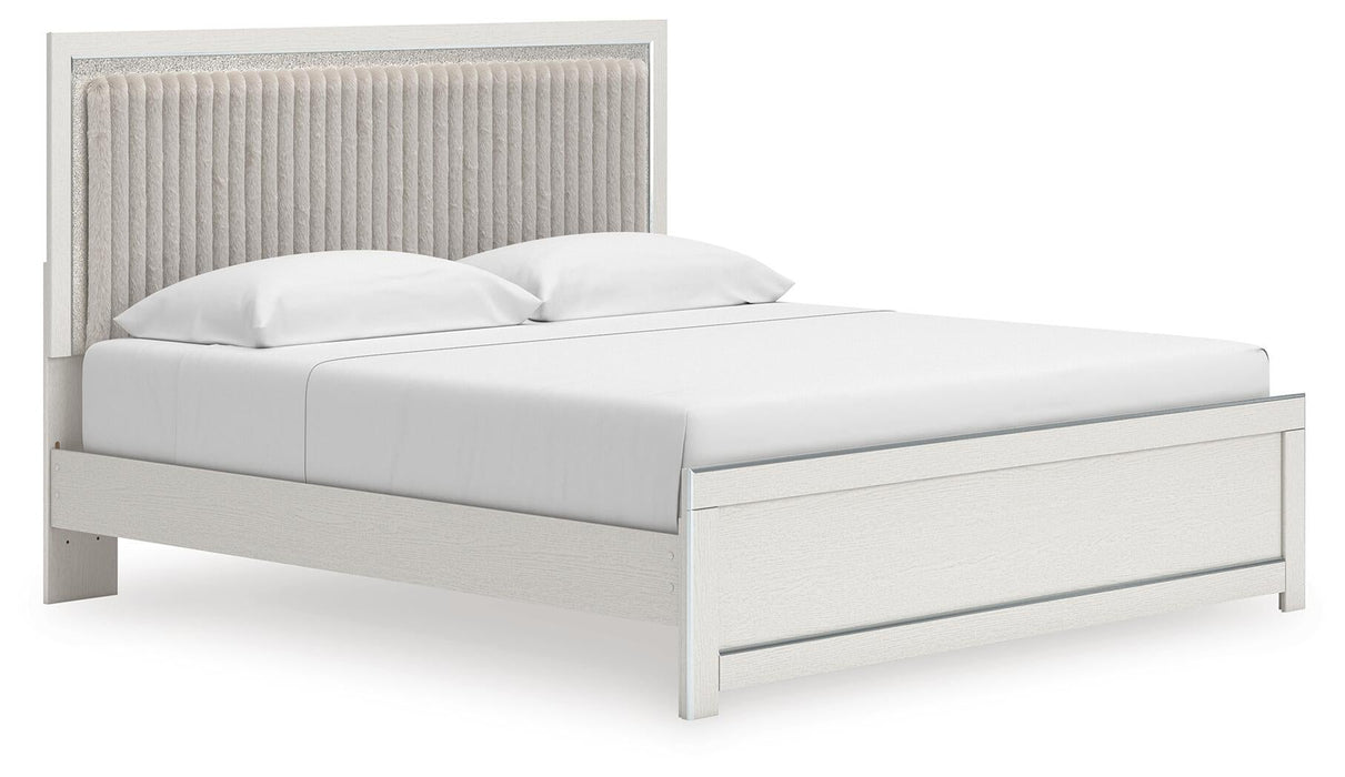 Birmonton King Upholstered Panel Platform Bed, Dresser, Mirror and Nightstand