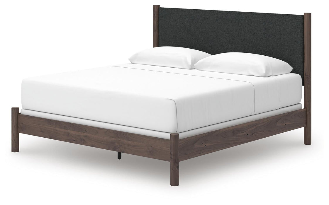 Cadmori King Upholstered Panel Bed, Dresser, Mirror and Nightstand