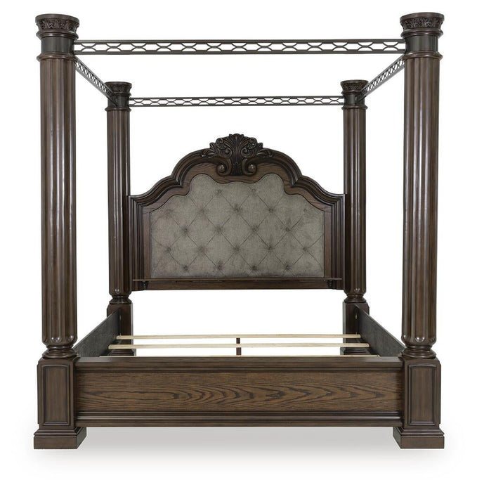 Maylee Queen Canopy Bed, Dresser, Mirror, Chest and Nightstand