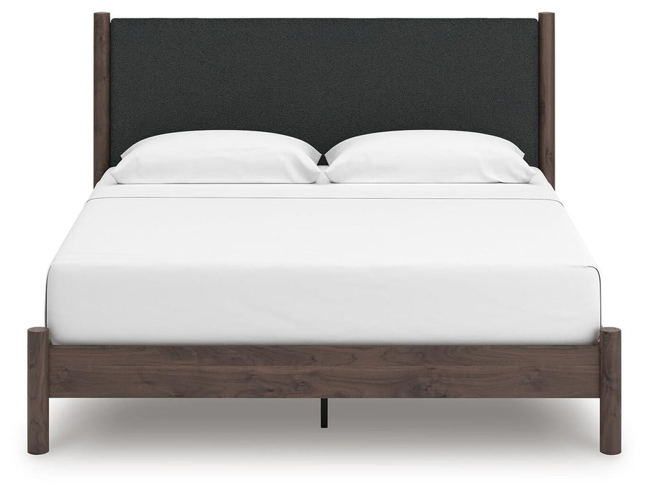 Cadmori King Upholstered Panel Platform Bed, Dresser, Mirror and Nightstand