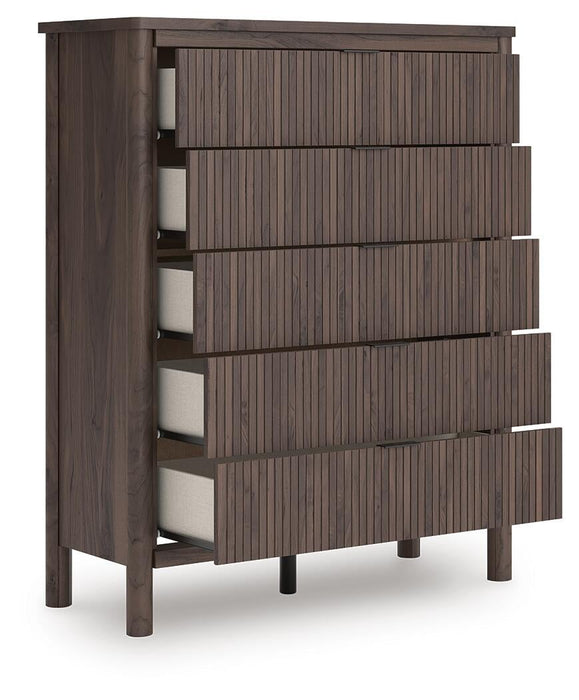 Cadmori Full Upholstered Panel Bed, Dresser, Mirror, Chest and Nightstand