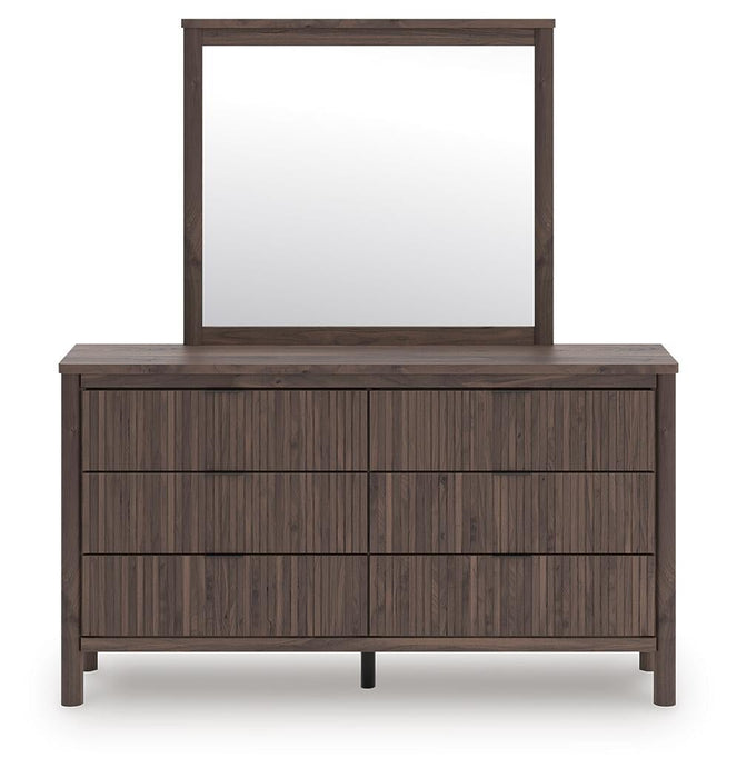 Cadmori Queen Upholstered Panel Bed, Dresser and Mirror