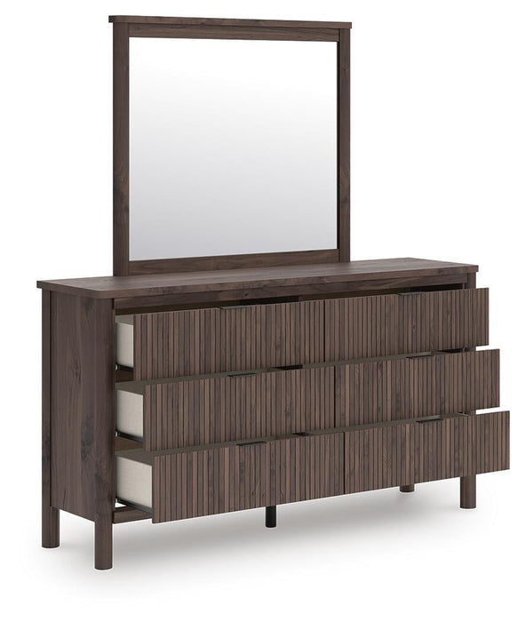 Cadmori Queen Upholstered Panel Bed, Dresser, Mirror and Nightstand