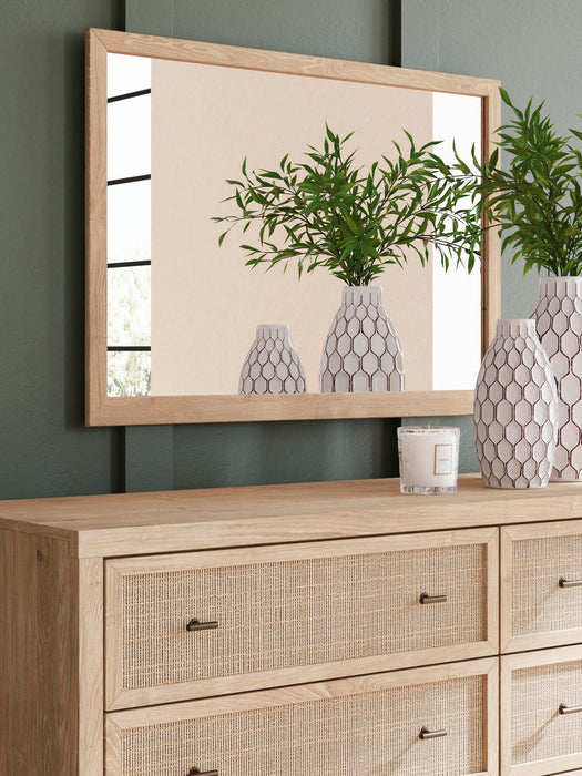 Cielden Queen Upholstered Bed with Roll Slats, Dresser and Mirror