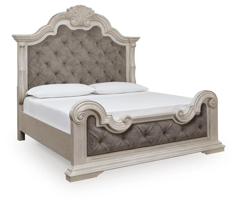 Andonhall King Upholstered Panel Bed with Mirrored Dresser and Nightstand