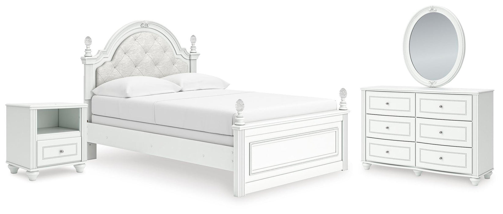 Maylilly Full Upholstered Panel Bed, Dresser, Mirror and Nightstand