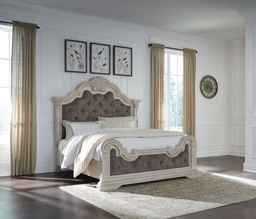 Andonhall California King Upholstered Panel Bed with Mirrored Dresser and Nightstand